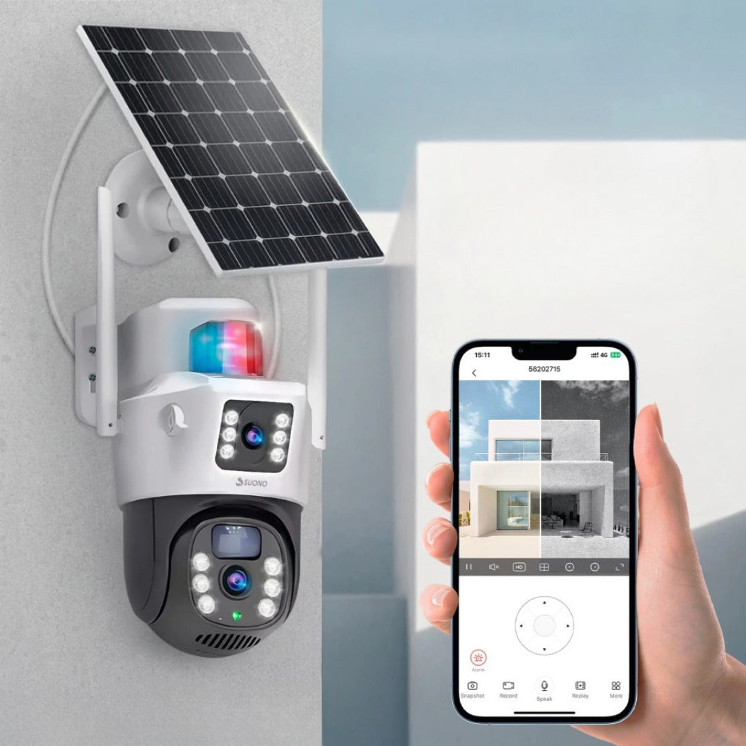 Camara Solar 2K Doble Lente + Sirena 360°