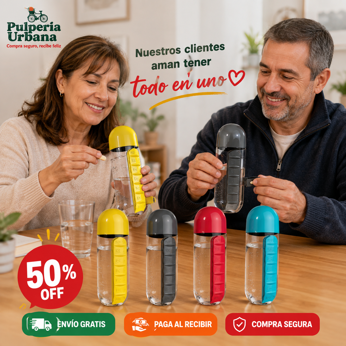 HidroMed Pro — Botella Pastillero 2 en 1 Organizador