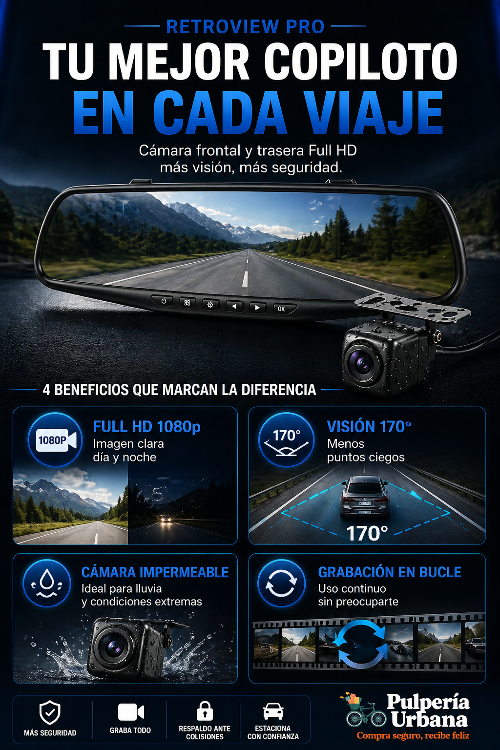 Espejo Retrovisor Auto DVR + camara retr