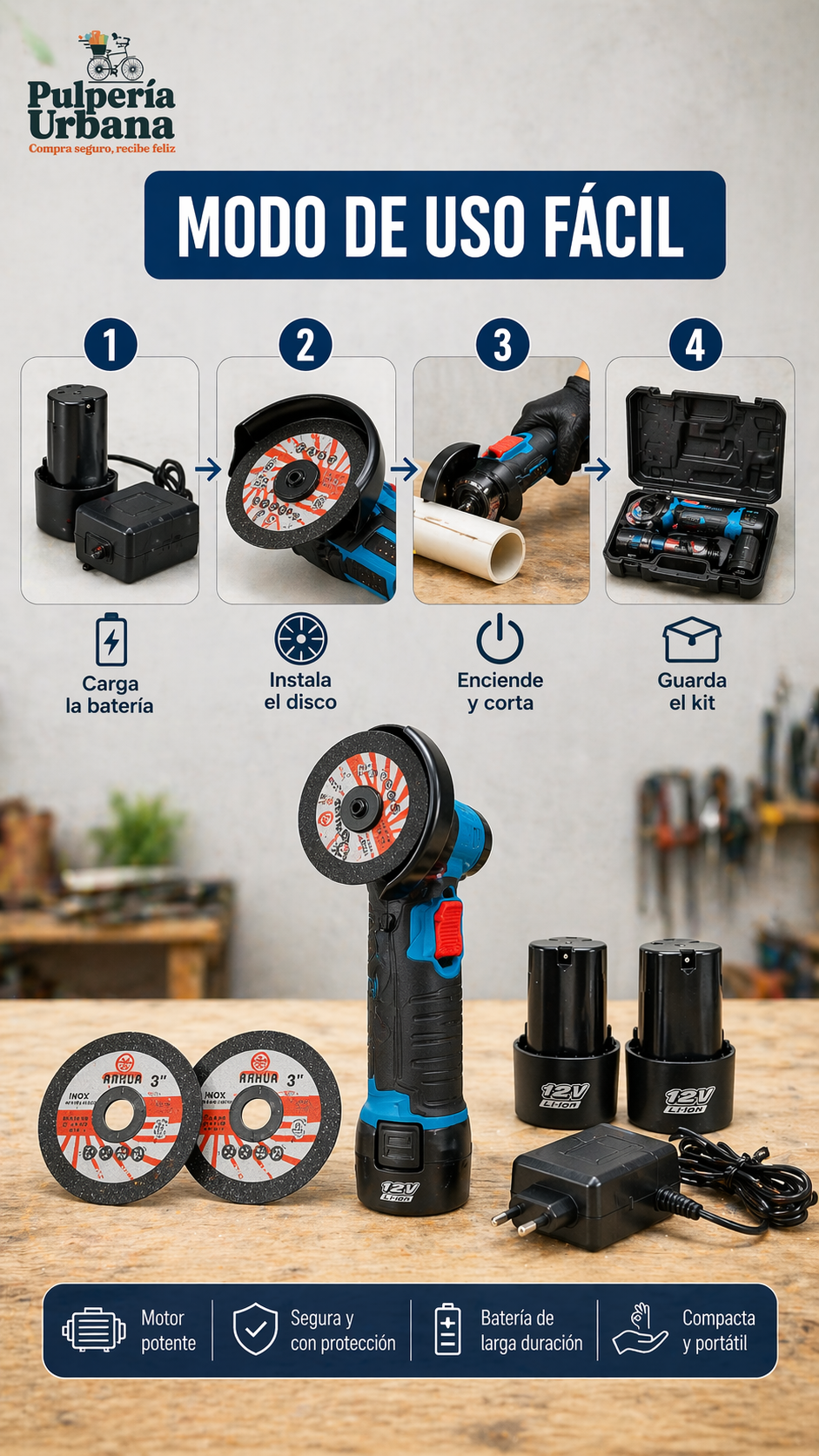 Mini Amoladora Inalámbrica Pro 12V + 2 Baterias + 2 Discos de Corte