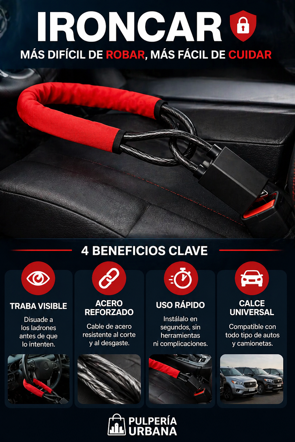 IRONCAR - TRANCA VOLANTE AL CINTURON DE SEGURIDAD