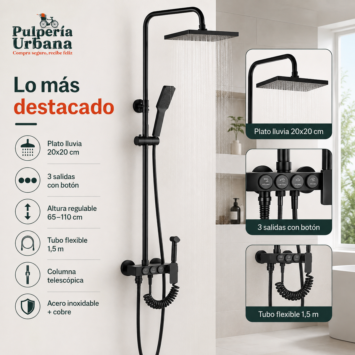 SpaClean - Llave Ducha Tina Columna Monomando Negro