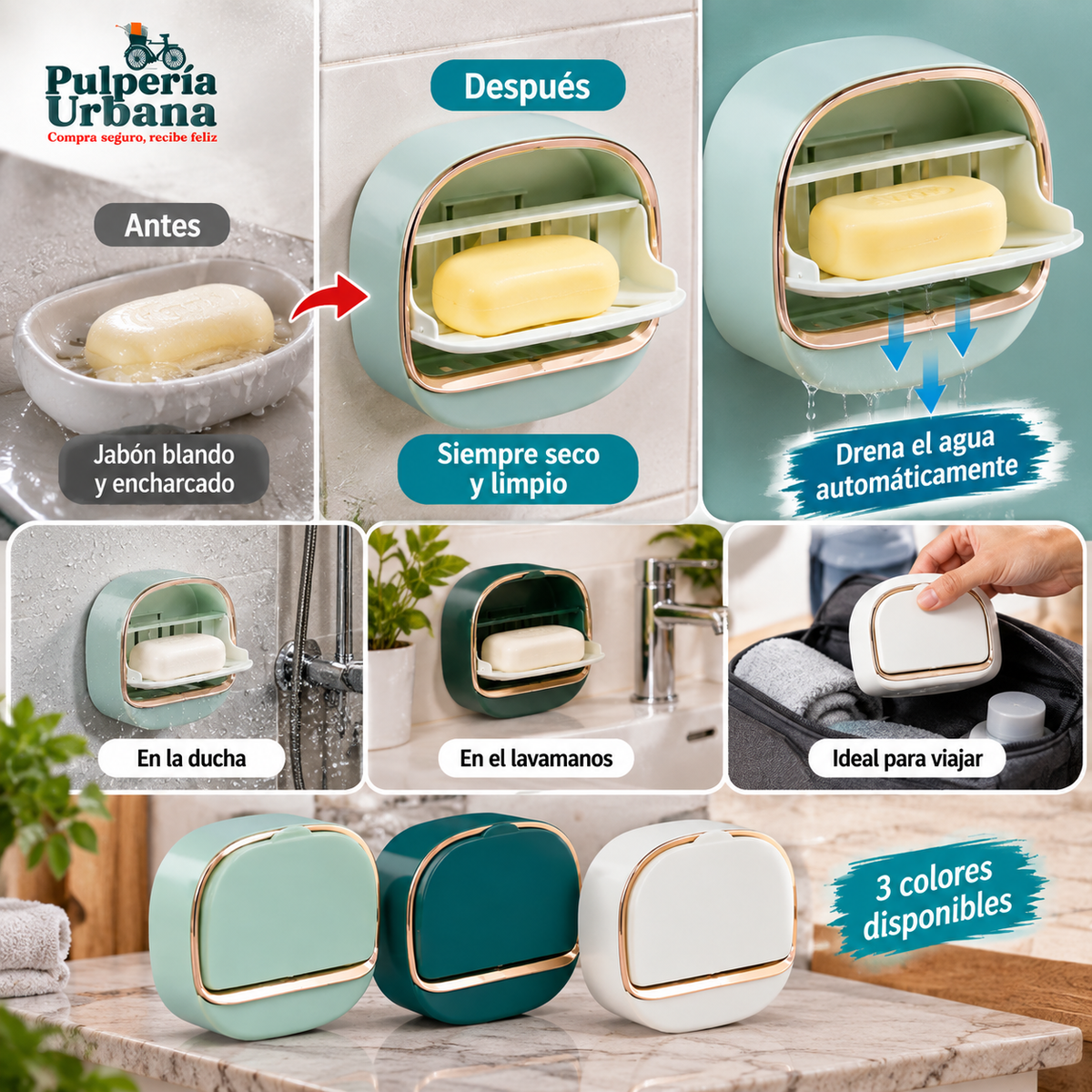 Jabonera Dry™ - Jabón seco todos los días, sin charcos