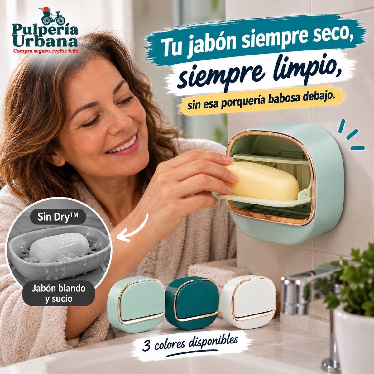 Jabonera Dry™ - Jabón seco todos los días, sin charcos