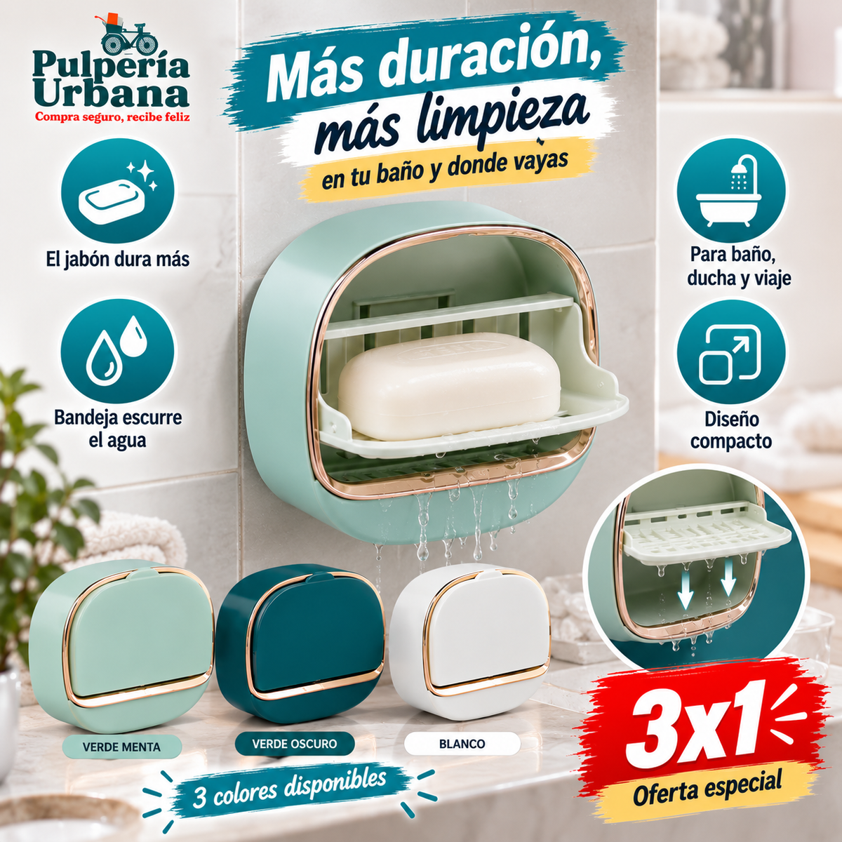 Jabonera Dry™ - Jabón seco todos los días, sin charcos