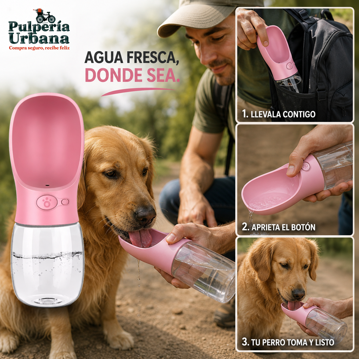 AguaPets - BEBEDERO PORTATIL PARA MASCOTA CON BOTON