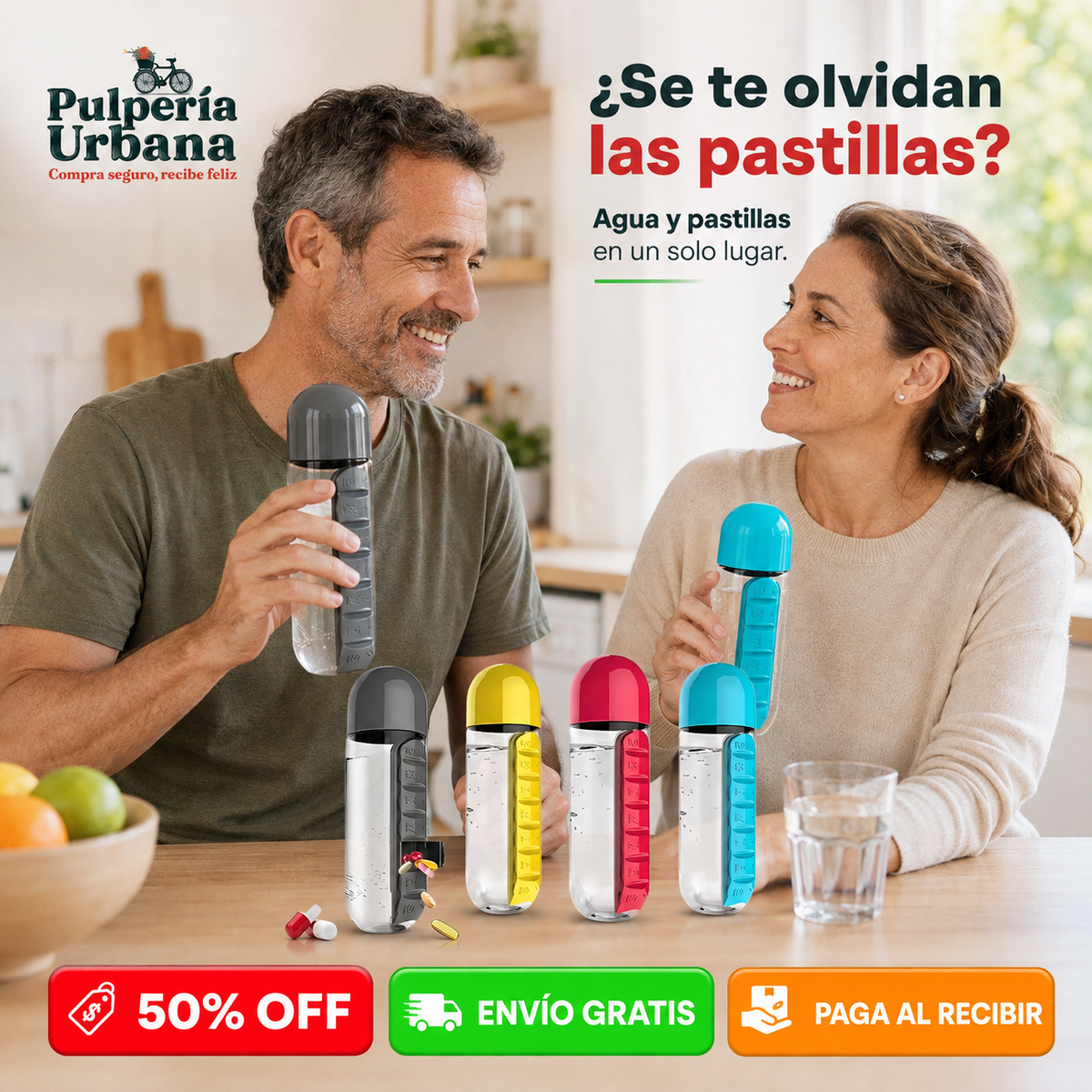 HidroMed Pro  —   Botella Pastillero 2 en 1 Organizador