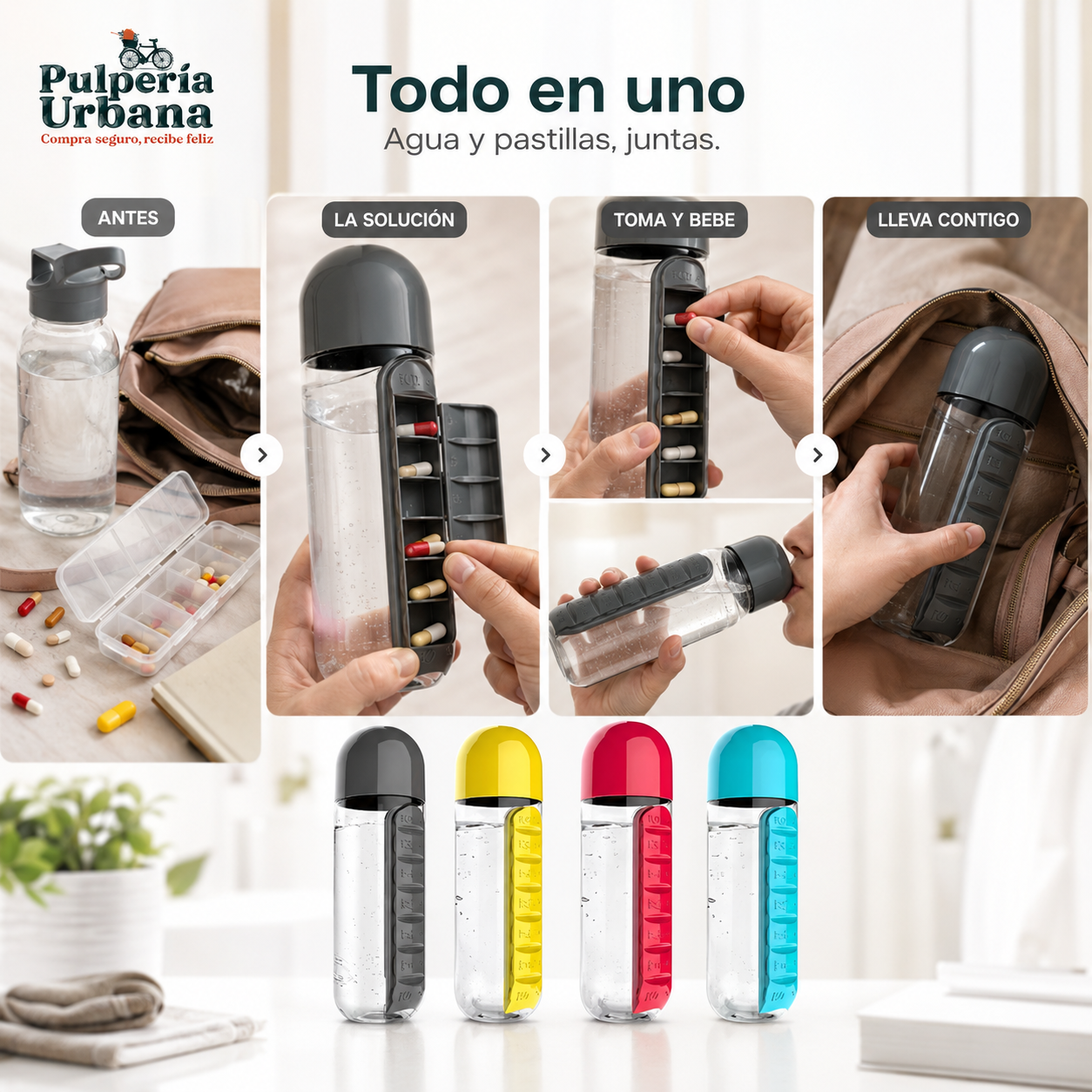 HidroMed Pro  —   Botella Pastillero 2 en 1 Organizador