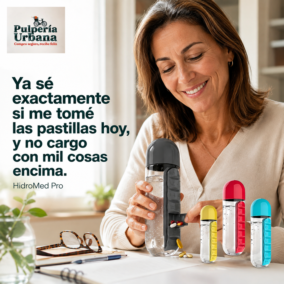 HidroMed Pro  —   Botella Pastillero 2 en 1 Organizador