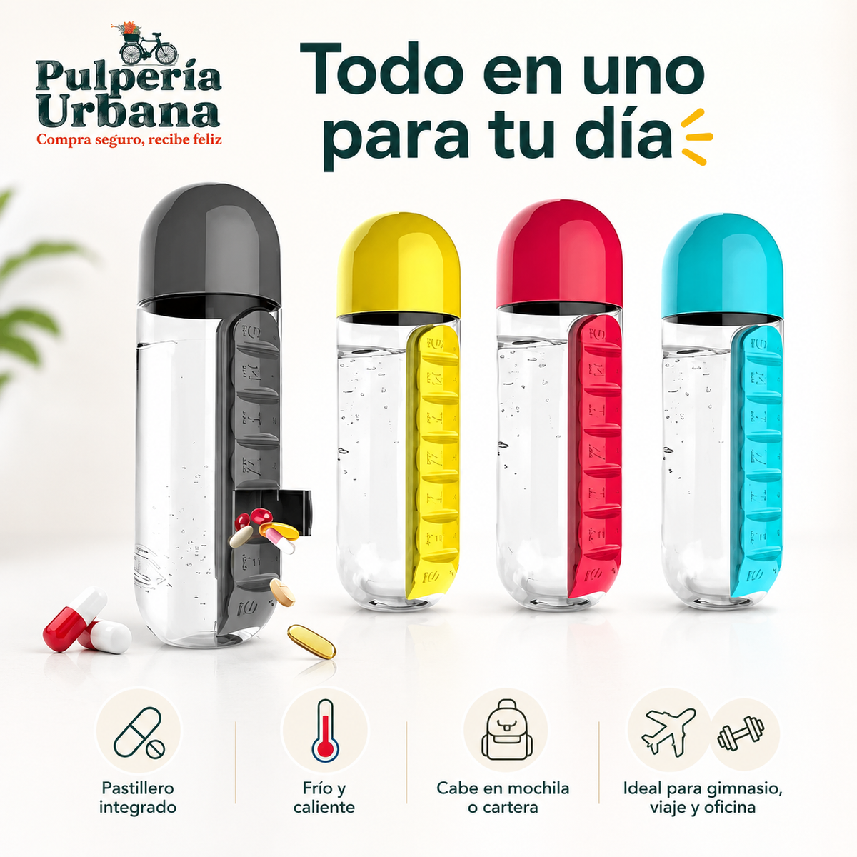 HidroMed Pro  —   Botella Pastillero 2 en 1 Organizador