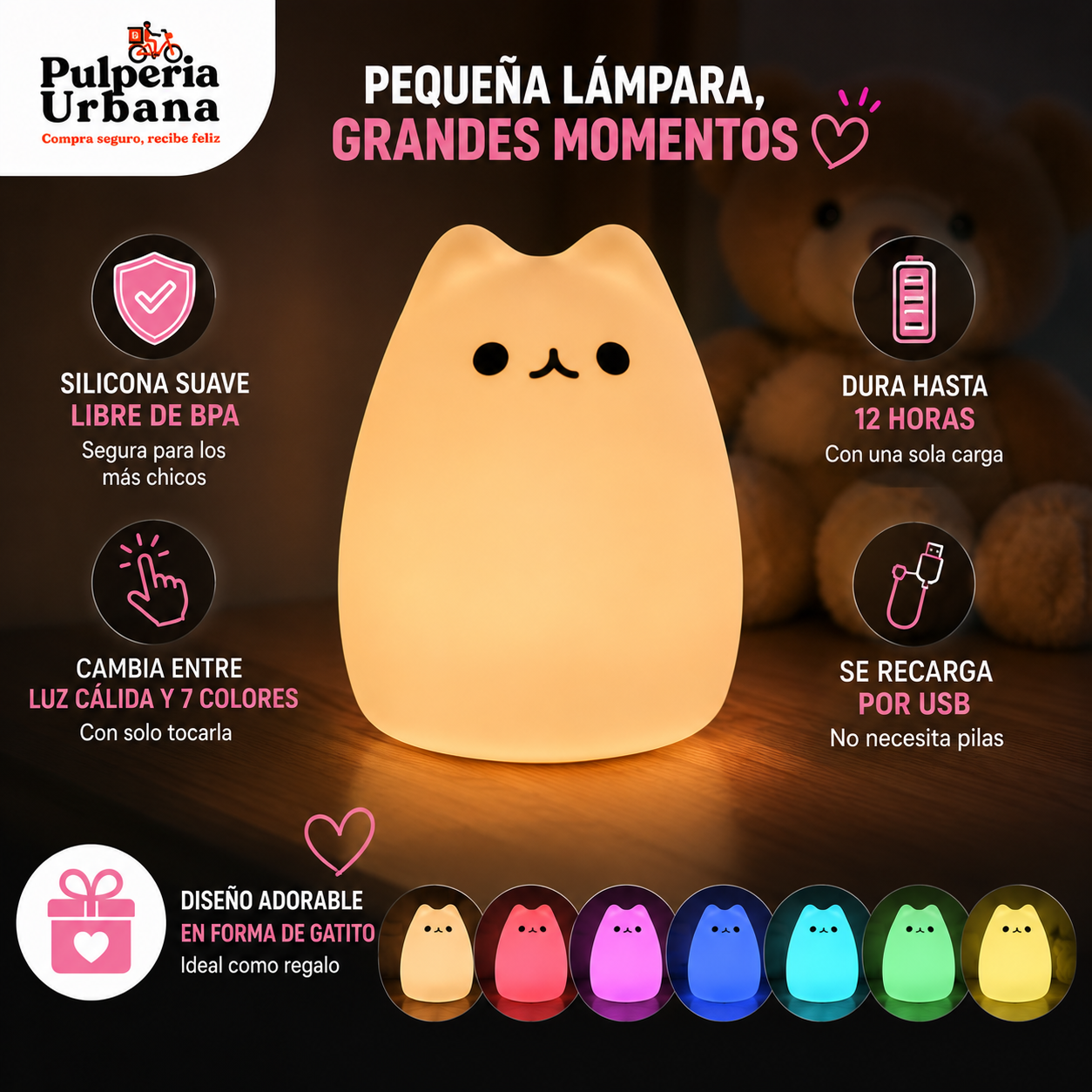 Lampara LED Gato de Silicona Colores