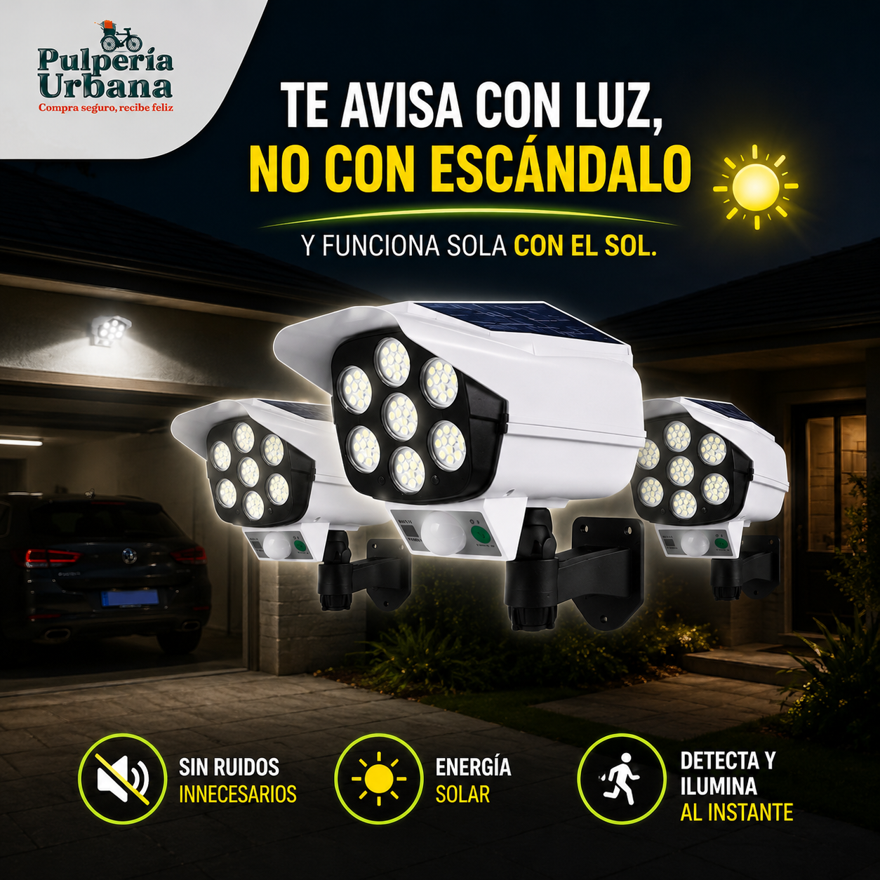 MoviLight - PACK X3 FOCO SOLAR TIPO CAMARA SENSOR