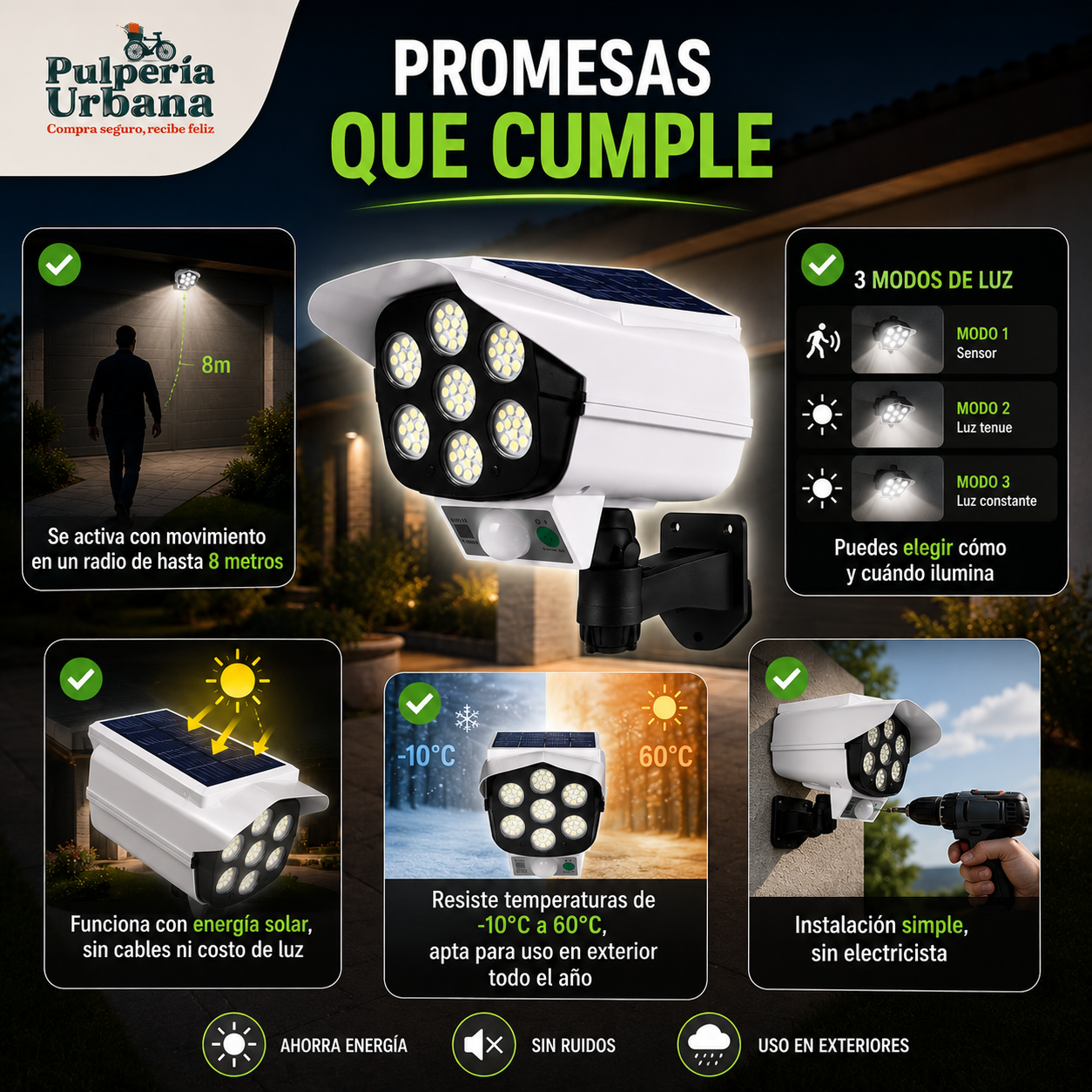 MoviLight - PACK X3 FOCO SOLAR TIPO CAMARA SENSOR