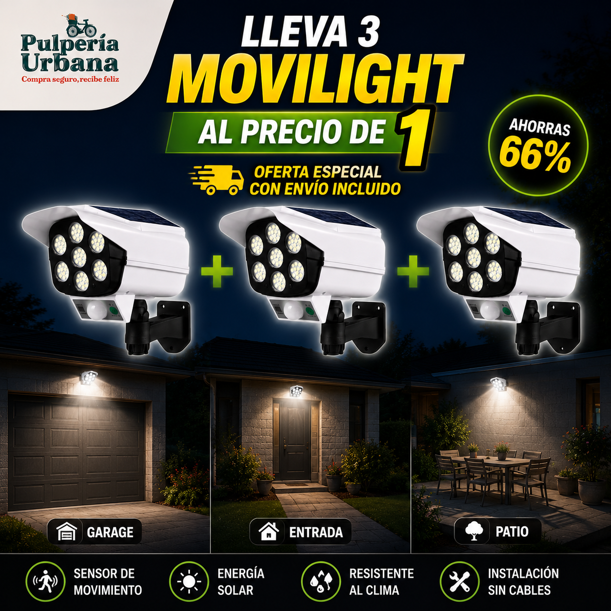 MoviLight - PACK X3 FOCO SOLAR TIPO CAMARA SENSOR