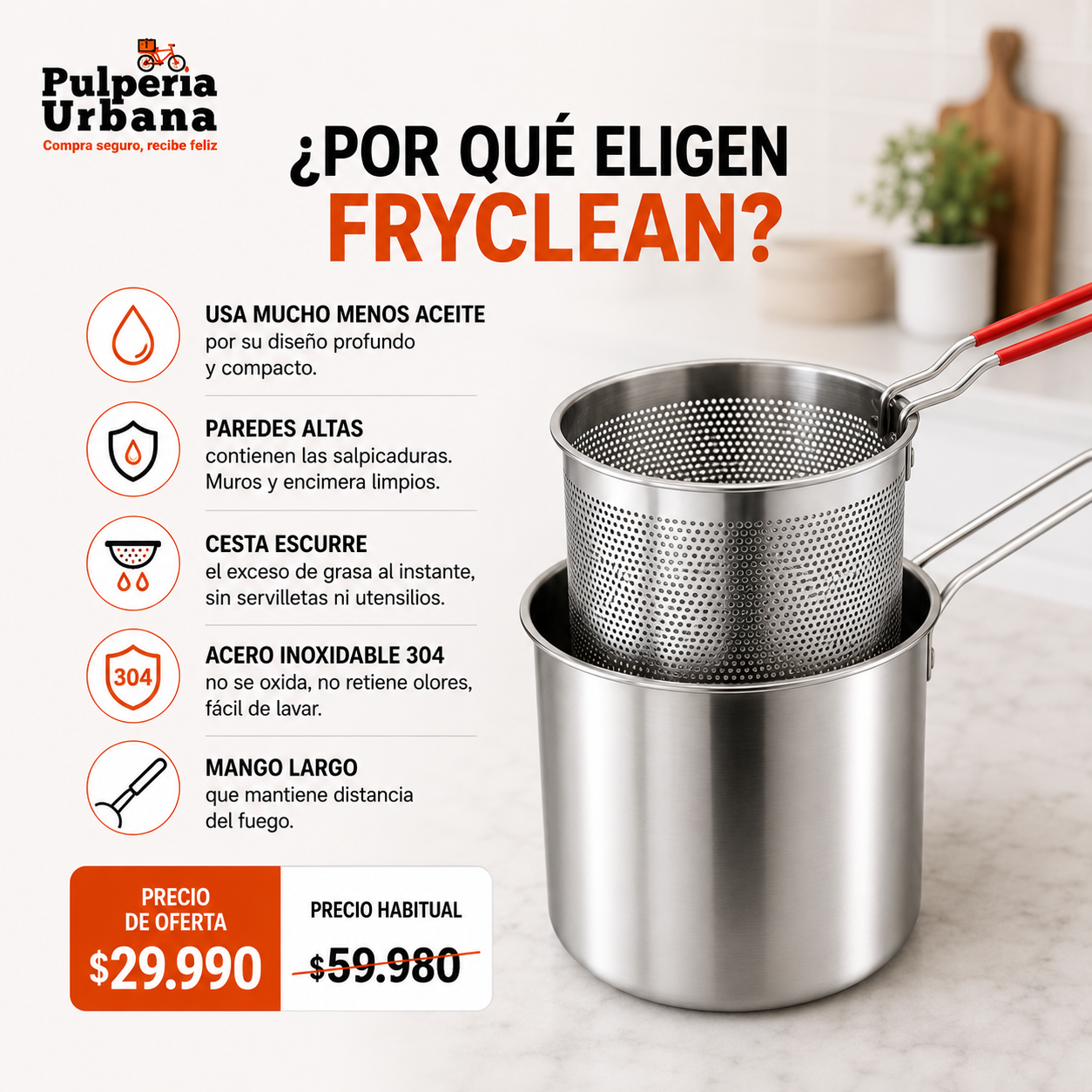FryClean - Olla de Acero inoxidable para freír