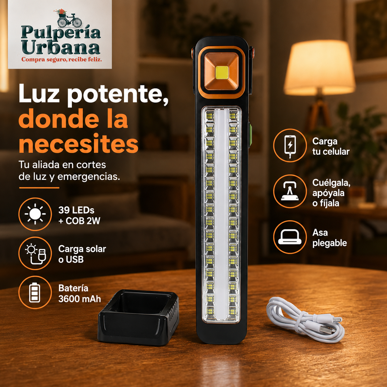 PortaLuz Plus - Lámpara 39 Led Emergencia Solar y Recargable