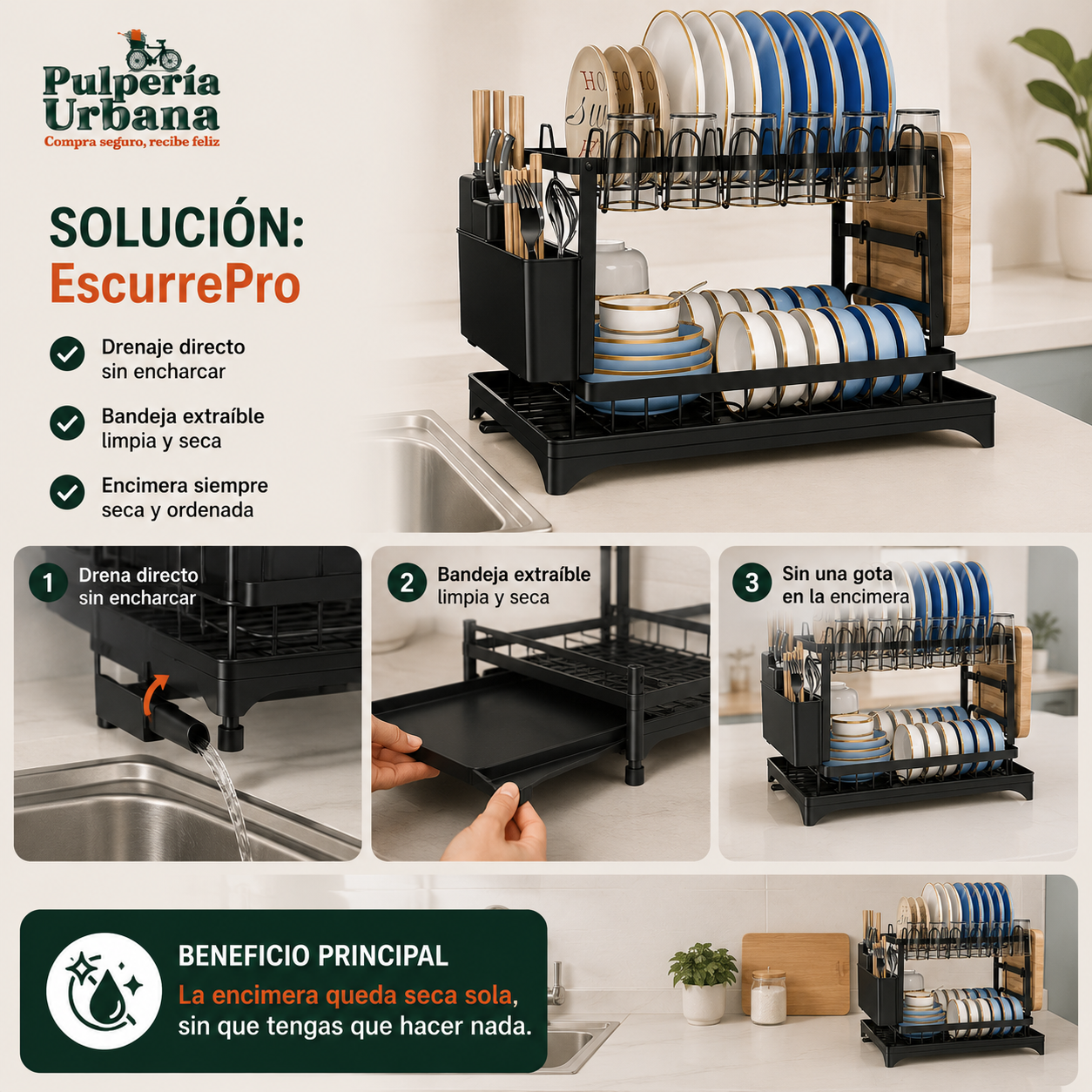 EscurrePro - Secaplatos de Acero Inoxidable de 2 Nivel