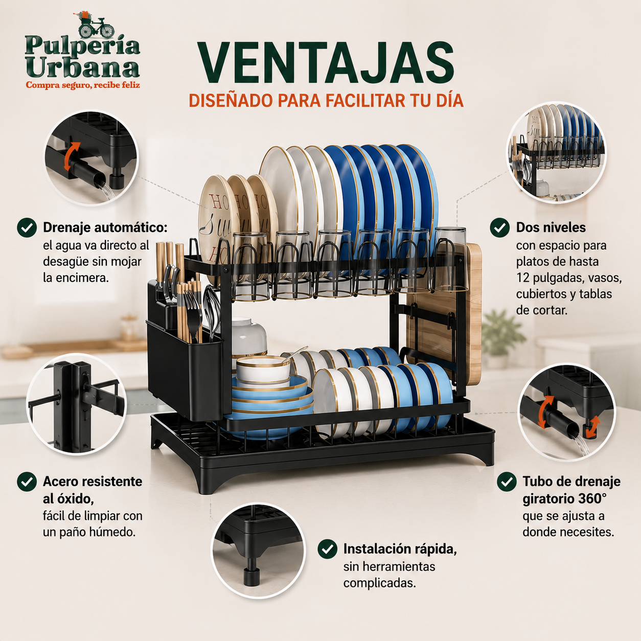 EscurrePro - Secaplatos de Acero Inoxidable de 2 Nivel