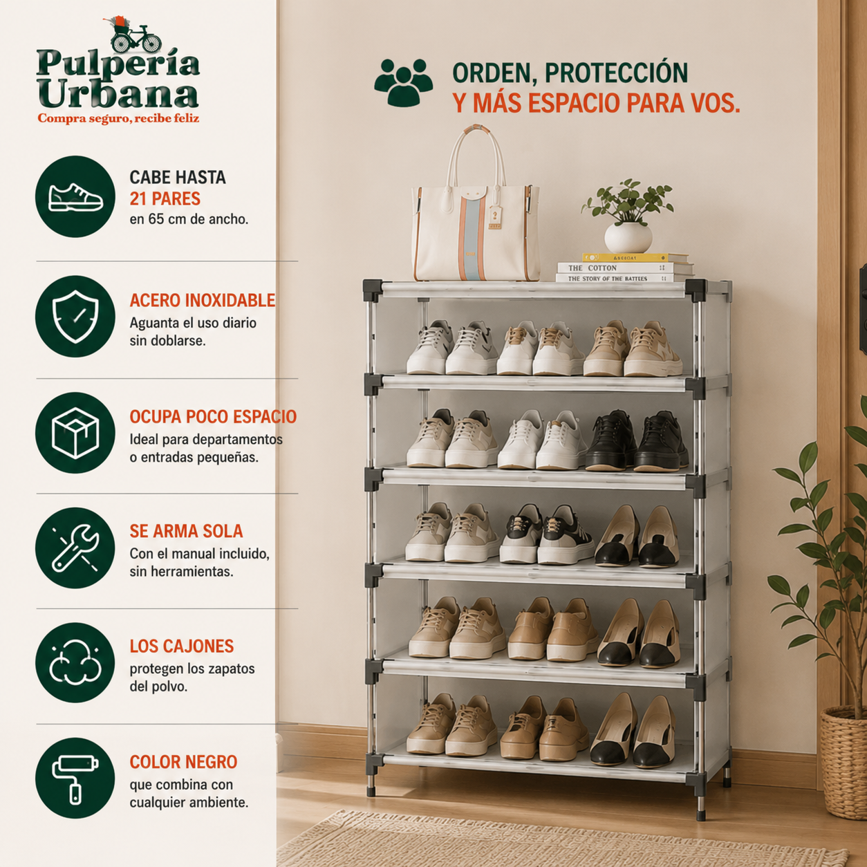 Zapatero Moderno -  6 Niveles 2 En 1 Negro