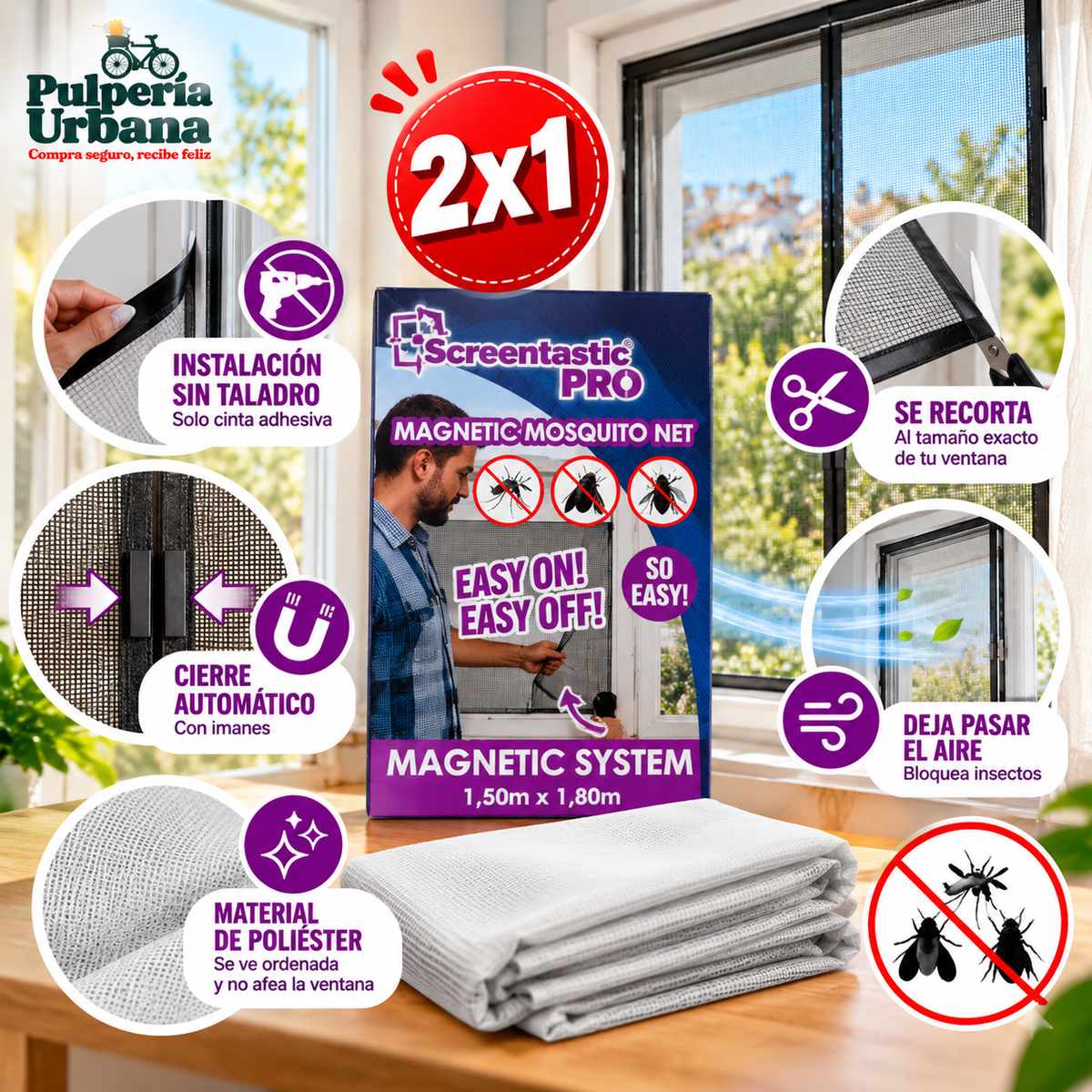 Mallix 2x1 - Malla Mosquitera Magnetica Ventana 150 cm x 180 cm